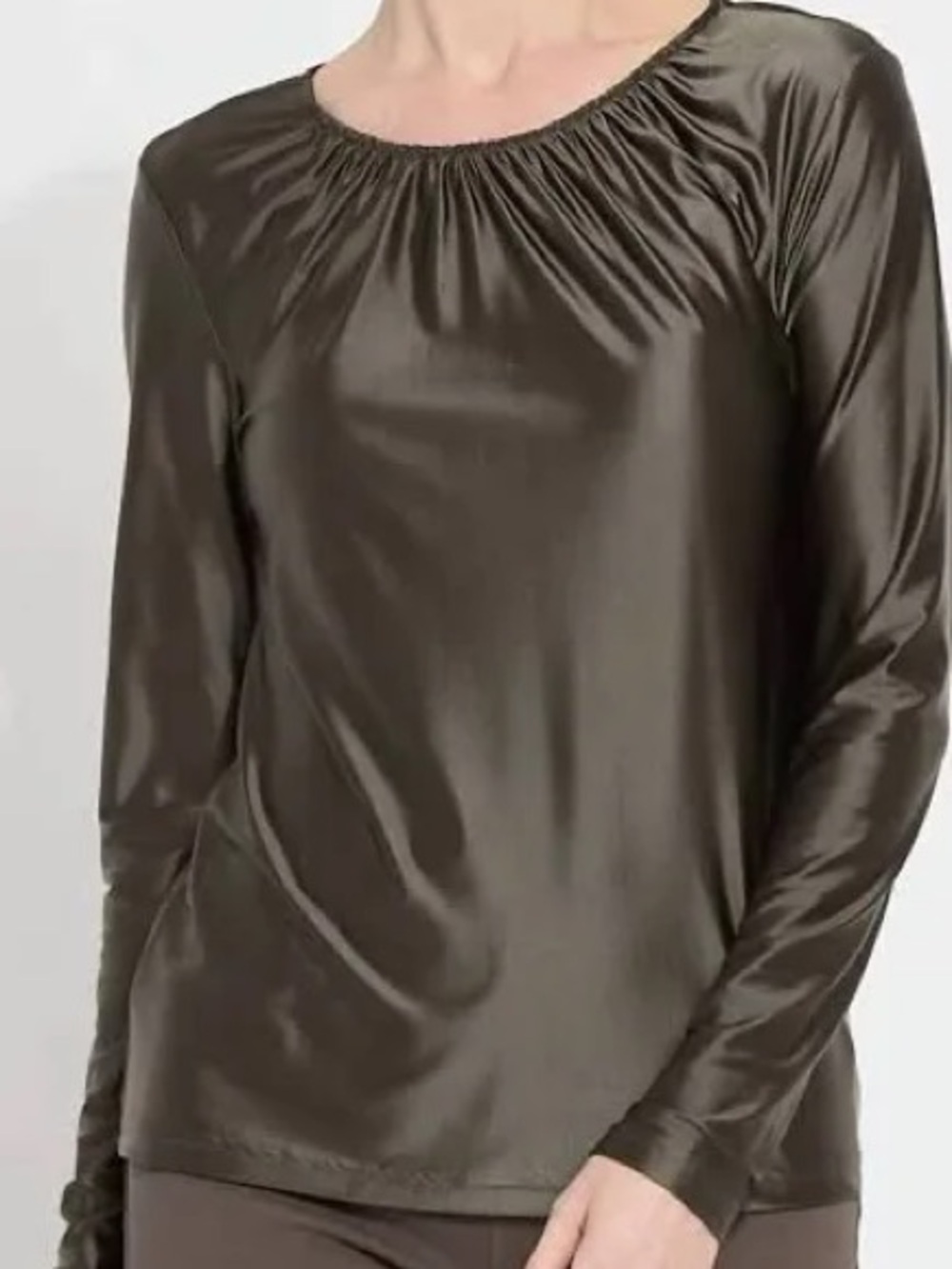 NWT Lyssé New York Petr Green Metallic Long Sleeve Ruched Neck Top Size S